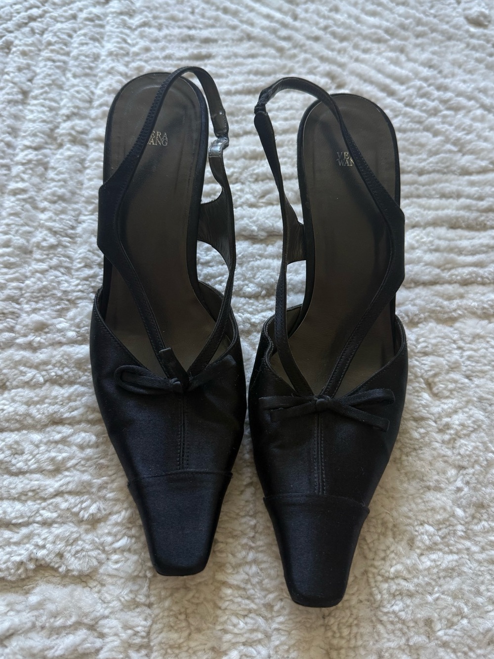 Vera Wang Black Satin Pointed Slingback Heels with Bow